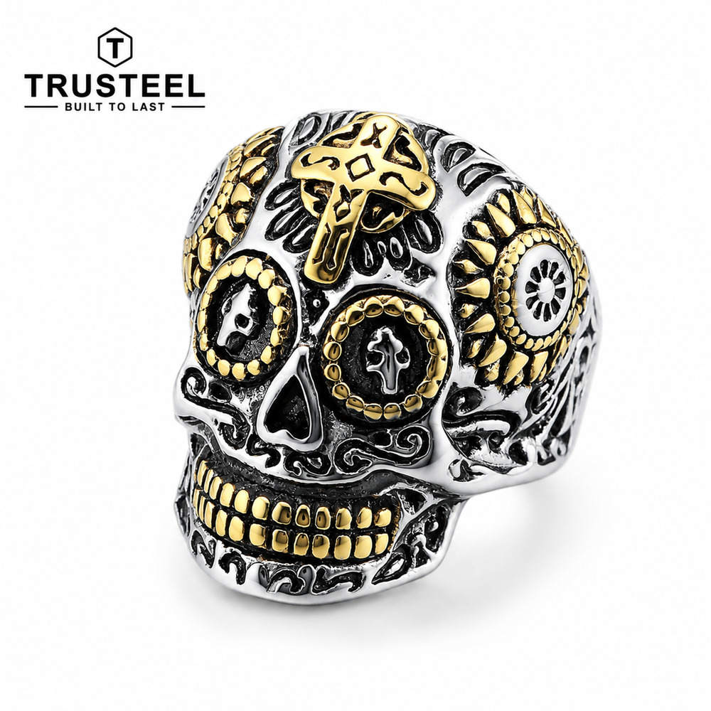 316L Stainless Steel Sugar Skull Ring Cross Gothic Biker Men’s Size 10